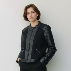 Black Quilted Faux-Leather Panel Jacket With Recycled Wool Blend- Women